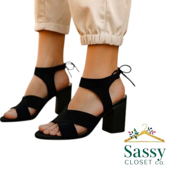 Franco Sarto Black Wrap Heels Party Sandals Women’s 9 Leather Block Heel EUC - Picture 1 of 6